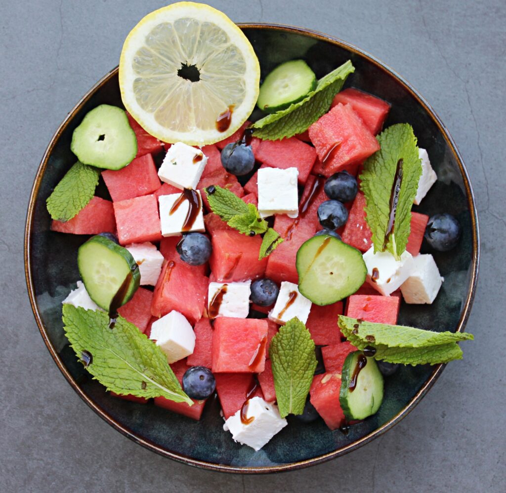 watermelon salad with blueberries and feta cheese