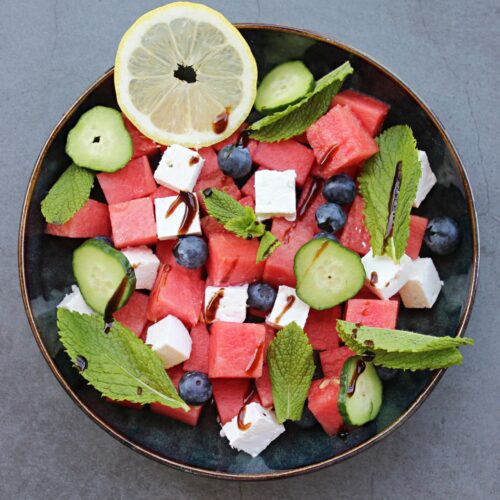 watermelon salad with blueberries and feta cheese