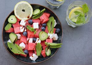 watermelon salad with blueberries and feta