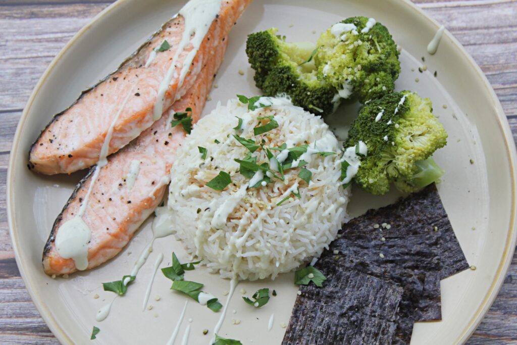 clean eating: salmon with rice, broccoli, and nori