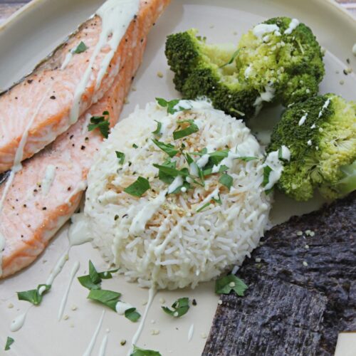 clean eating: salmon with rice, broccoli, and nori