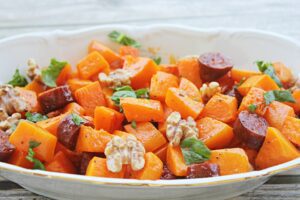 Roasted pumpkin with chorizo and walnuts
