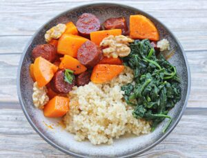 Roasted pumpkin with chorizo and quinoa