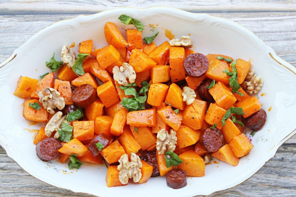 Roasted pumpkin with chorizo and walnuts