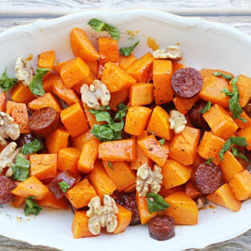 Roasted pumpkin with chorizo and walnuts