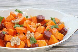 Roasted pumpkin with chorizo and walnuts