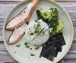 clean eating: salmon with rice, broccoli, and nori