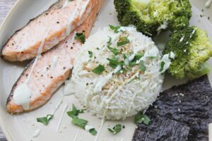 clean eating: salmon with rice, broccoli, and nori