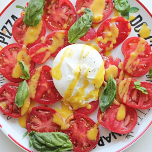 tomato salad with creamy burrata and peach dressing